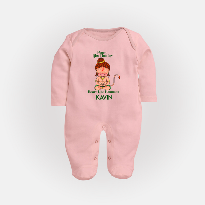 Power Like Thunder, Heart Like Hanuman Sleep Suit | Personalized Baby Sleep Suit for Hanuman Jayanti - BABY PINK - New Born (Chest 7.5")