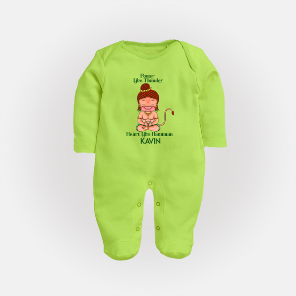 Power Like Thunder Heart Like Hanuman – Personalized Baby Fullbody Suit - LIME GREEN - New Born (Chest 7.5")