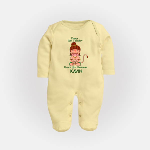 Power Like Thunder Heart Like Hanuman – Personalized Baby Fullbody Suit - PASTEL YELLOW - New Born (Chest 7.5")
