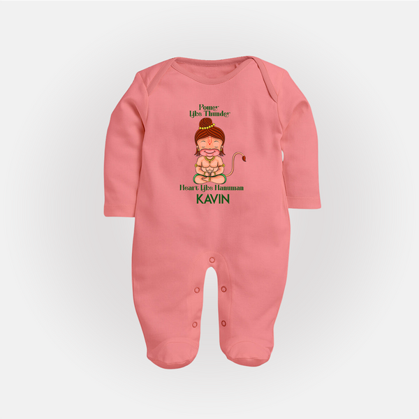 Power Like Thunder, Heart Like Hanuman Sleep Suit | Personalized Baby Sleep Suit for Hanuman Jayanti - PEACH - New Born (Chest 7.5")