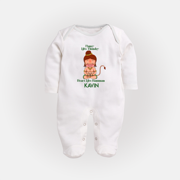 Power Like Thunder, Heart Like Hanuman Sleep Suit | Personalized Baby Sleep Suit for Hanuman Jayanti - WHITE - New Born (Chest 7.5")