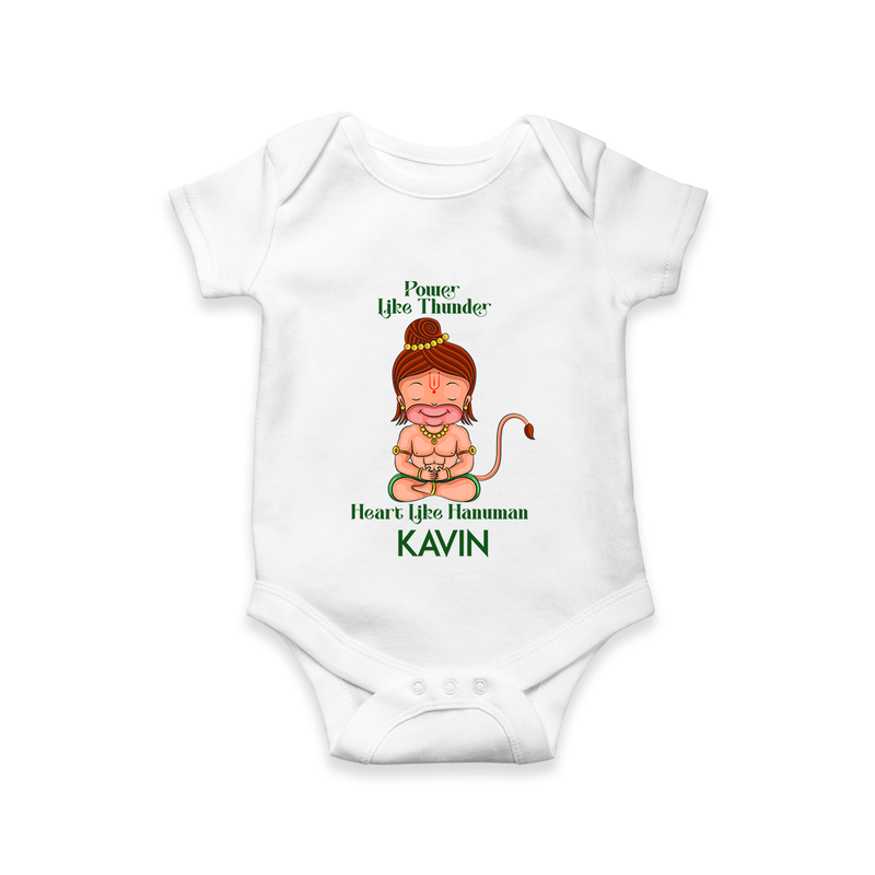 Power Like Thunder, Heart Like Hanuman Romper | Personalized Baby Romper for Hanuman Jayanti - WHITE - New Born (Chest 14")