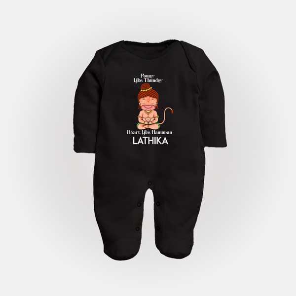 Power Like Thunder, Heart Like Hanuman Sleep Suit | Personalized Baby Sleep Suit for Hanuman Jayanti - BLACK - New Born (Chest 7.5")