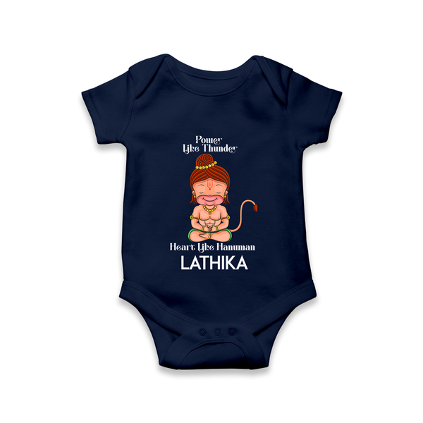Power Like Thunder Heart Like Hanuman – Personalized Baby Romper - NAVY BLUE - New Born (Chest 14")