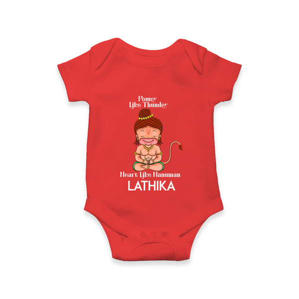 Power Like Thunder, Heart Like Hanuman Romper | Personalized Baby Romper for Hanuman Jayanti - RED - New Born (Chest 14")
