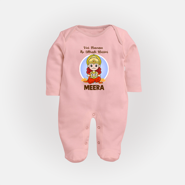 Veer Hanuman The Ultimate Warrior Sleep Suit | Custom Baby Sleep Suit for Hanuman Celebration - BABY PINK - New Born (Chest 7.5")