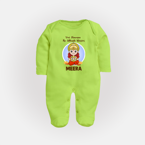 Veer Hanuman The Ultimate Warrior Sleep Suit | Custom Baby Sleep Suit for Hanuman Celebration - LIME GREEN - New Born (Chest 7.5")