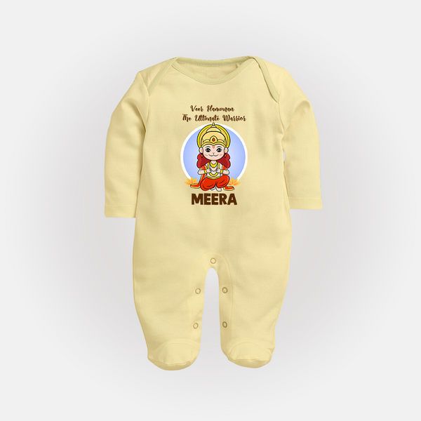 Veer Hanuman The Ultimate Warrior Sleep Suit | Custom Baby Sleep Suit for Hanuman Celebration - PASTEL YELLOW - New Born (Chest 7.5")