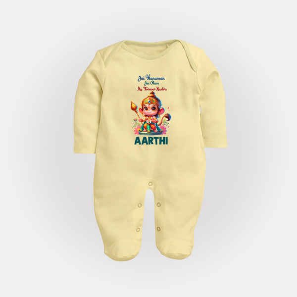 Jai Hanuman Jai Ram My Forever Mantra Sleep Suit | Personalized Baby Sleep Suit for Hanuman Jayanti - PASTEL YELLOW - New Born (Chest 7.5")