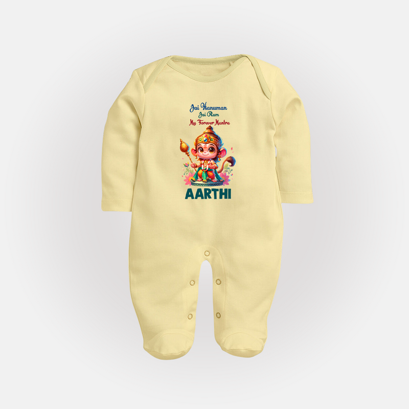 Jai Hanuman Jai Ram My Forever Mantra Sleep Suit | Personalized Baby Sleep Suit for Hanuman Jayanti - PASTEL YELLOW - New Born (Chest 7.5")