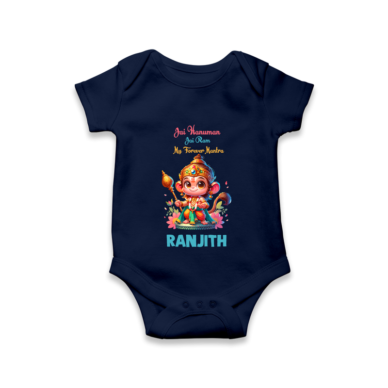 Jai Hanuman Jai Ram My Forever Mantra Romper | Personalized Baby Romper for Hanuman Jayanti - NAVY BLUE - New Born (Chest 14")