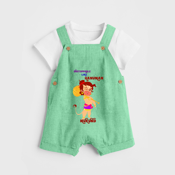 Unstoppable Like Hanuman – Personalized Baby Dungaree - GREEN - 0 - 5 Months Old (Chest 18")