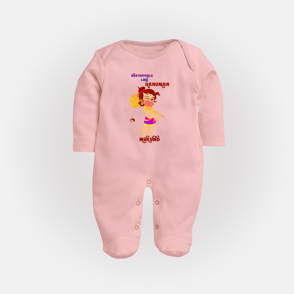 Unstoppable Like Hanuman – Personalized Baby Fullbody Suit - BABY PINK - New Born (Chest 7.5")