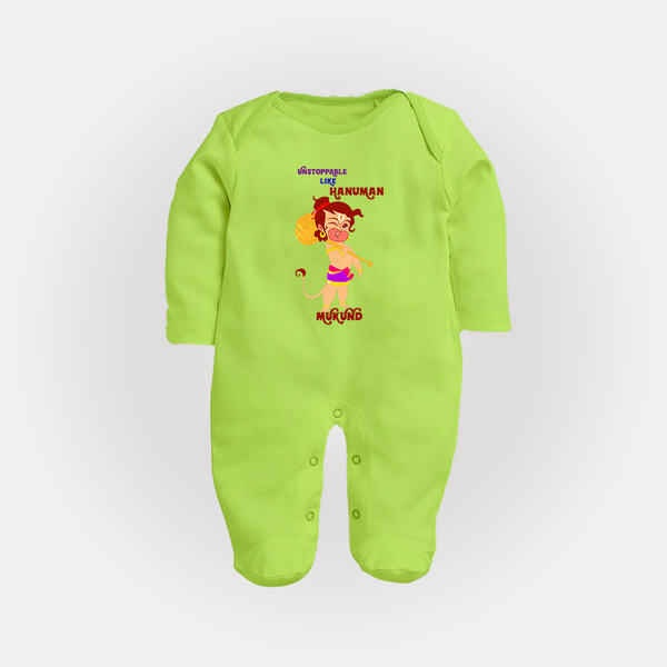 Unstoppable Like Hanuman – Personalized Baby Fullbody Suit - LIME GREEN - New Born (Chest 7.5")