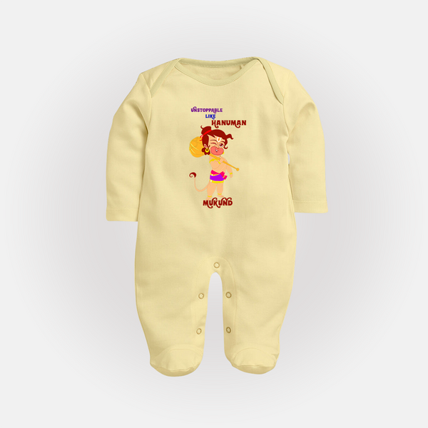 Unstoppable Like Hanuman – Personalized Baby Fullbody Suit - PASTEL YELLOW - New Born (Chest 7.5")