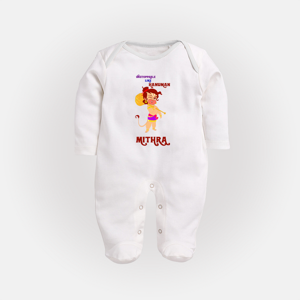 Unstoppable Like Hanuman – Personalized Baby Fullbody Suit - WHITE - New Born (Chest 7.5")