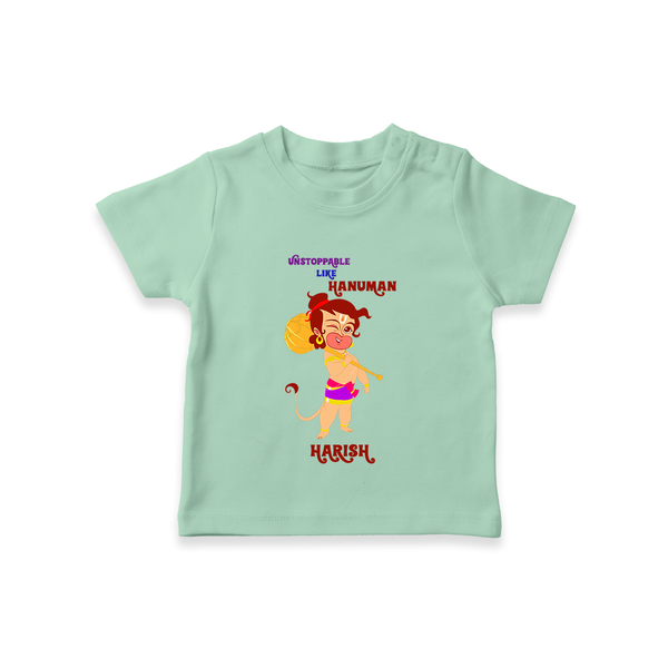 Unstoppable Like Hanuman - Hanuman Themed Customized T-Shirt For Kids With Name - MINT GREEN - 0-5 Months Old (Chest 17")