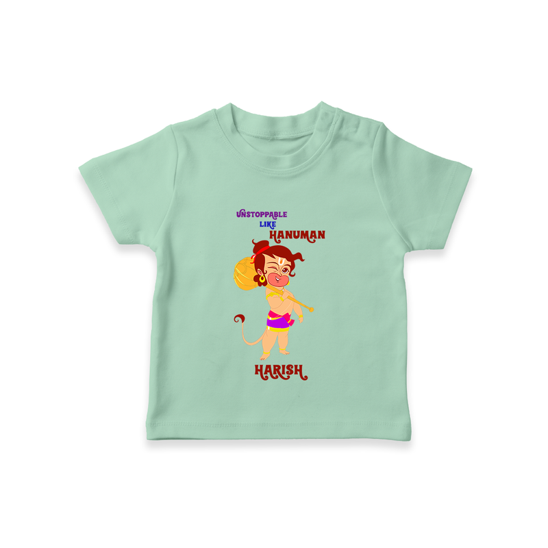 Unstoppable Like Hanuman - Hanuman Themed Customized T-Shirt For Kids With Name - MINT GREEN - 0-5 Months Old (Chest 17")