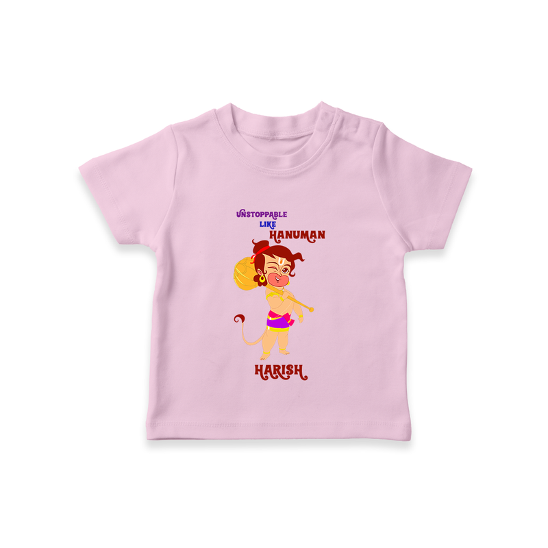 Unstoppable Like Hanuman - Hanuman Themed Customized T-Shirt For Kids With Name - PINK - 0-5 Months Old (Chest 17")