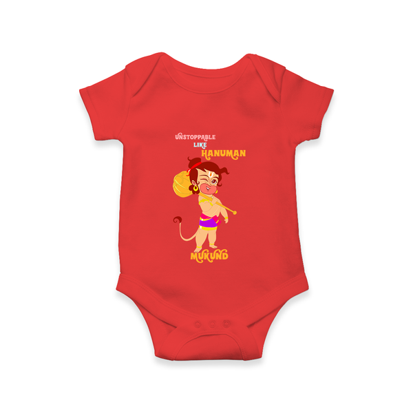 Unstoppable Like Hanuman – Personalized Baby Romper - RED - New Born (Chest 14")