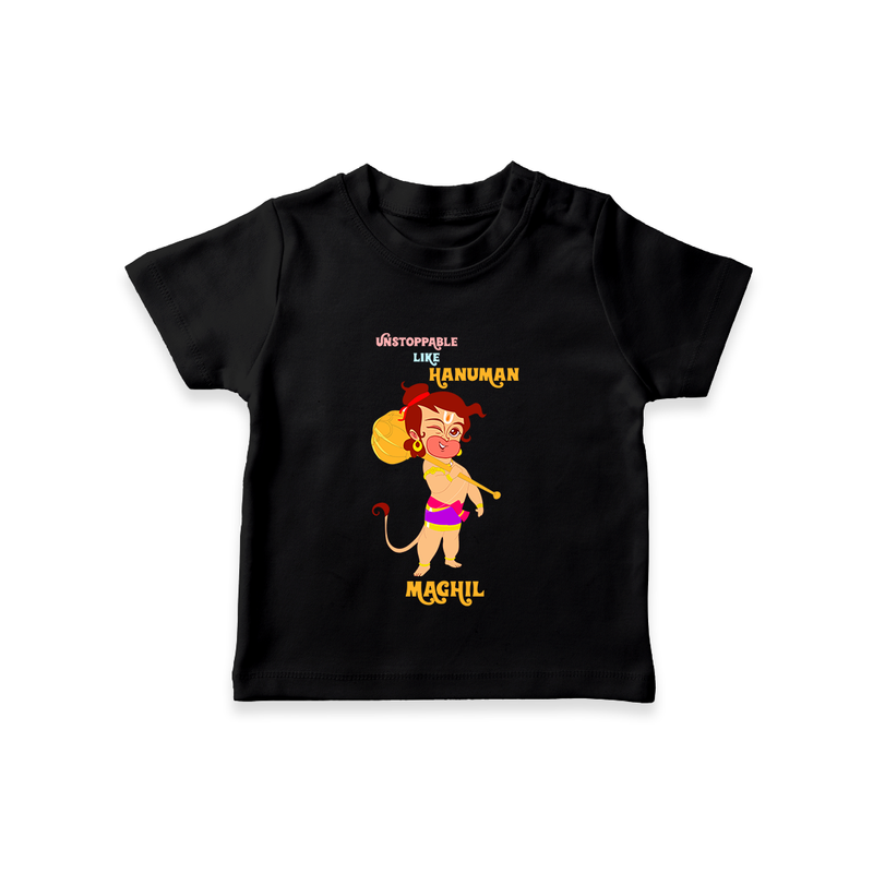Unstoppable Like Hanuman - Hanuman Themed Customized T-Shirt For Kids With Name - BLACK - 0-5 Months Old (Chest 17")