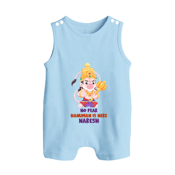 No Fear Hanuman Is Here – Personalized Baby Romper Suit - BABY BLUE - New Born (Chest 18")