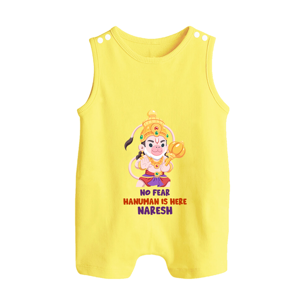 No Fear Hanuman Is Here – Personalized Baby Romper Suit - PASTEL YELLOW - New Born (Chest 18")