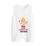 No Fear Hanuman Is Here – Personalized Baby Romper Suit - WHITE - New Born (Chest 18")