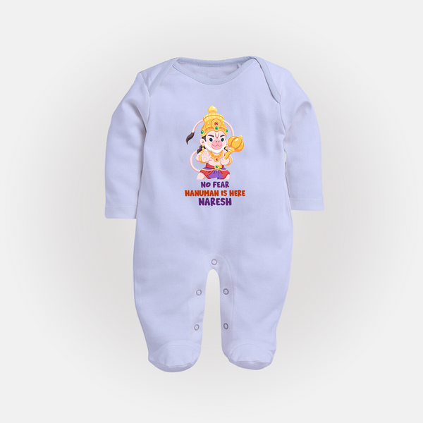 No Fear Hanuman Is Here – Personalized Baby Fullbody Suit - BABY BLUE - New Born (Chest 7.5")