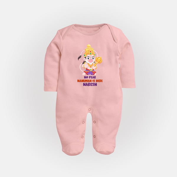 No Fear Hanuman Is Here – Personalized Baby Fullbody Suit - BABY PINK - New Born (Chest 7.5")