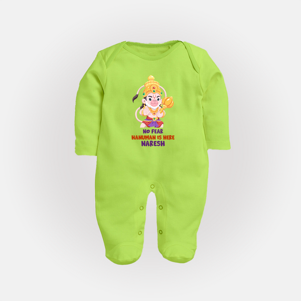 No Fear Hanuman Is Here – Personalized Baby Fullbody Suit - LIME GREEN - New Born (Chest 7.5")