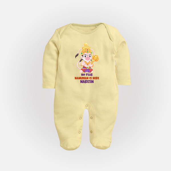 No Fear Hanuman Is Here – Personalized Baby Fullbody Suit - PASTEL YELLOW - New Born (Chest 7.5")