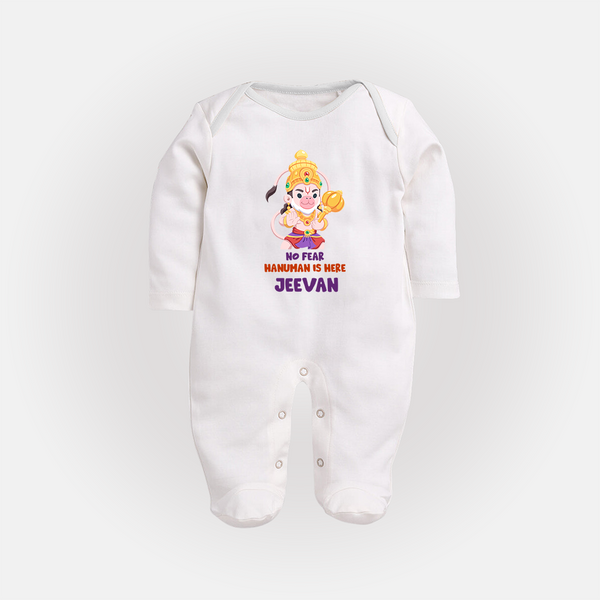 No Fear Hanuman Is Here – Personalized Baby Fullbody Suit - WHITE - New Born (Chest 7.5")