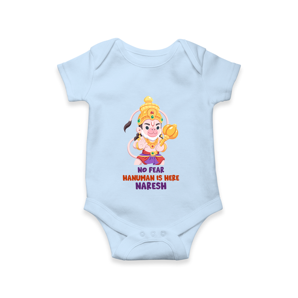 No Fear Hanuman Is Here – Personalized Baby Romper - BABY BLUE - New Born (Chest 14")