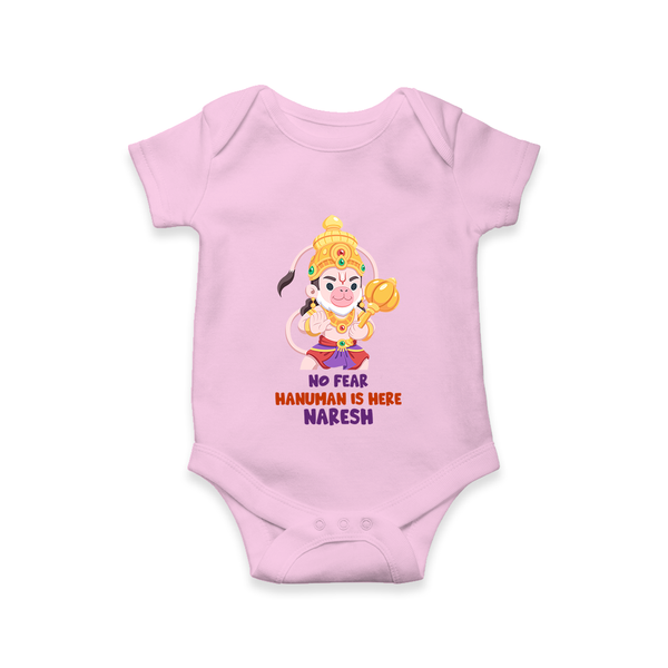 No Fear Hanuman Is Here – Personalized Baby Romper - BABY PINK - New Born (Chest 14")