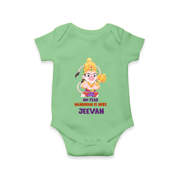 No Fear Hanuman Is Here – Personalized Baby Romper - GREEN - New Born (Chest 14")