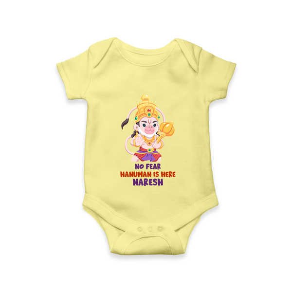 No Fear Hanuman Is Here – Personalized Baby Romper - PASTEL YELLOW - New Born (Chest 14")