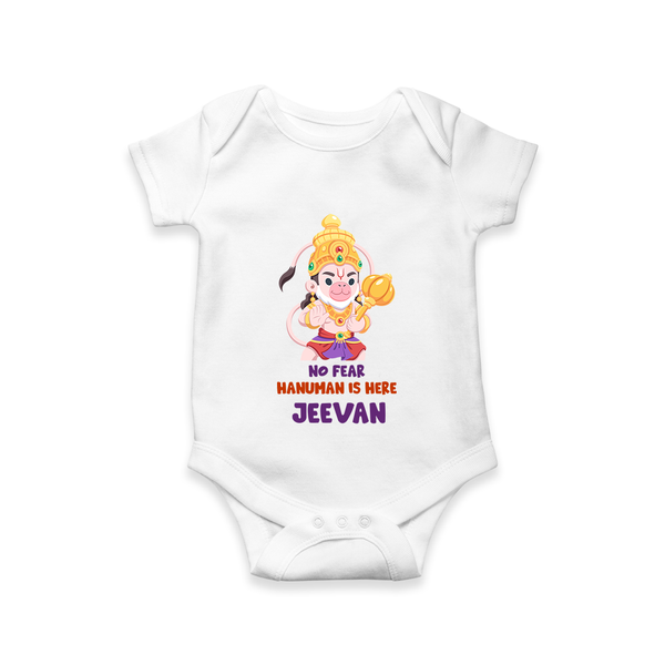 No Fear Hanuman Is Here – Personalized Baby Romper - WHITE - New Born (Chest 14")
