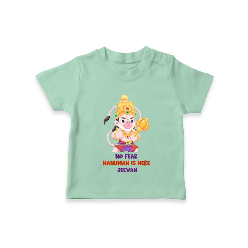 No Fear Hanuman Is Here - Hanuman Themed Customized T-Shirt For Kids With Name - MINT GREEN - 0-5 Months Old (Chest 17")