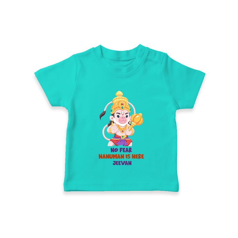 No Fear Hanuman Is Here - Hanuman Themed Customized T-Shirt For Kids With Name - TEAL - 0-5 Months Old (Chest 17")