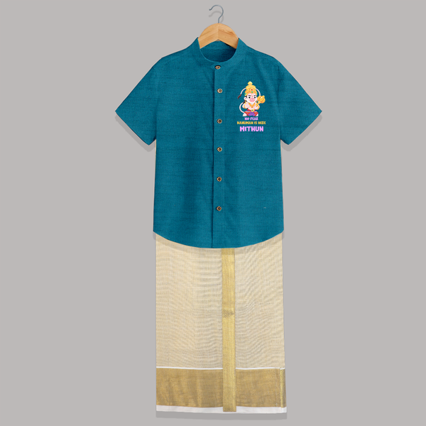No Fear, Hanuman Is Here Shirt And Dhoti | Personalized Baby Shirt And Dhoti for Hanuman Jayanti - PEACOCK BLUE - 0 - 6 Months Old (Chest-23") (Dhoti length-14")
