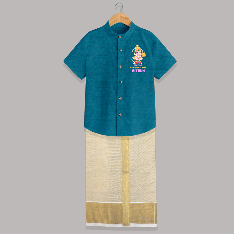 No Fear, Hanuman Is Here Shirt And Dhoti | Personalized Baby Shirt And Dhoti for Hanuman Jayanti - PEACOCK BLUE - 0 - 6 Months Old (Chest-23") (Dhoti length-14")