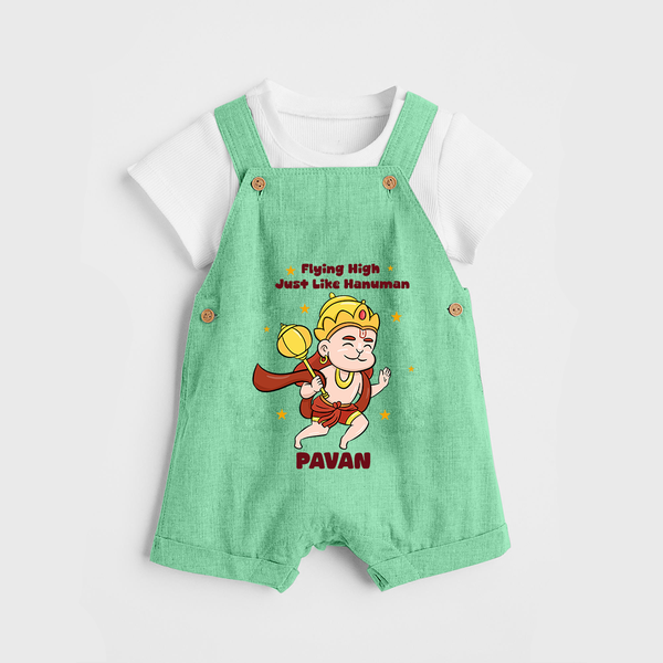 Flying High Just Like Hanuman – Personalized Baby Dungaree - GREEN - 0 - 5 Months Old (Chest 18")