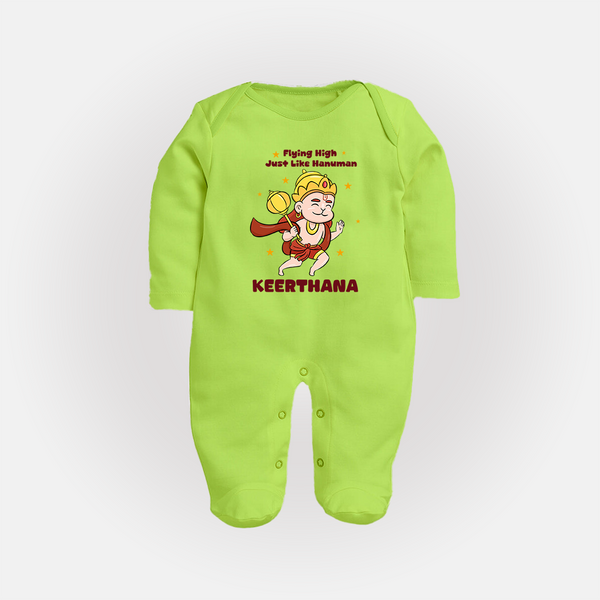 Flying High Just Like Hanuman Sleep Suit | Custom Baby Sleep Suit for Hanuman Festival - LIME GREEN - New Born (Chest 7.5")