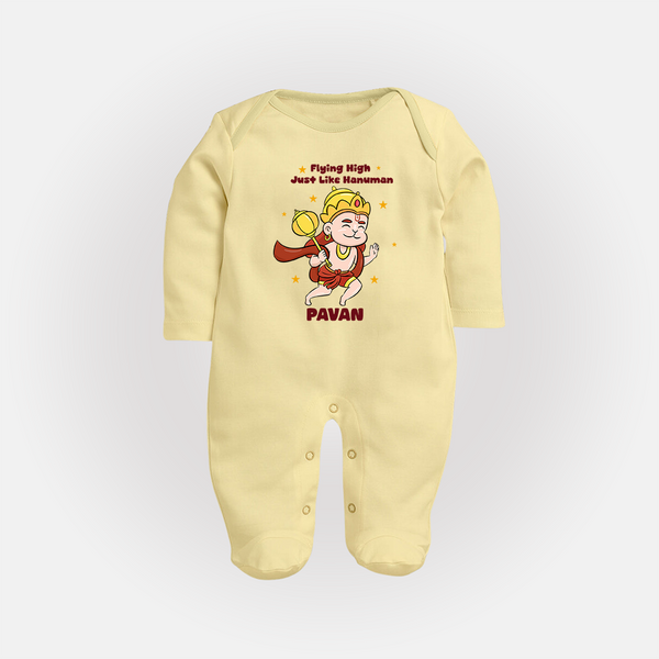 Flying High Just Like Hanuman – Personalized Baby Fullbody Suit - PASTEL YELLOW - New Born (Chest 7.5")