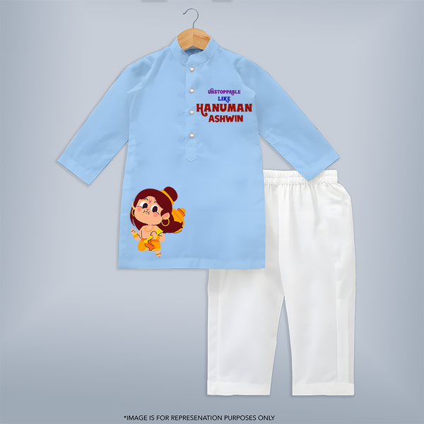 Unstoppable Like Hanuman Shirt | Personalized Kurta Set for Hanuman Devotees - BABY BLUE - 3 - 6 Months Old (Chest 24", Kurta Length 14'', Waist 19", Pant Length 14")