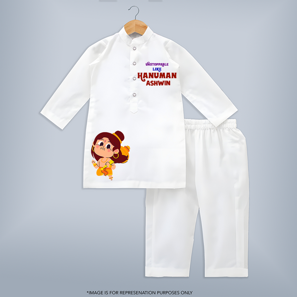 Unstoppable Like Hanuman Shirt | Personalized Kurta Set for Hanuman Devotees - WHITE - 3 - 6 Months Old (Chest 24", Kurta Length 14'', Waist 19", Pant Length 14")