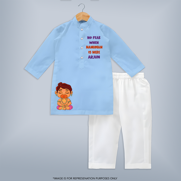 No Fear When Hanuman Is Here Shirt | Custom Kurta Set for Hanuman Worship - BABY BLUE - 3 - 6 Months Old (Chest 24", Kurta Length 14'', Waist 19", Pant Length 14")