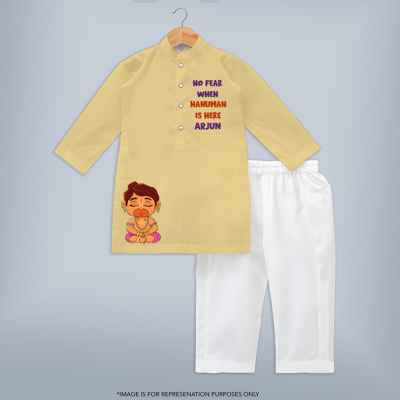 No Fear When Hanuman Is Here Shirt | Custom Kurta Set for Hanuman Worship - PASTEL YELLOW - 3 - 6 Months Old (Chest 24", Kurta Length 14'', Waist 19", Pant Length 14")