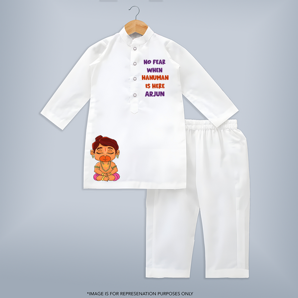 No Fear When Hanuman Is Here Shirt | Custom Kurta Set for Hanuman Worship - WHITE - 3 - 6 Months Old (Chest 24", Kurta Length 14'', Waist 19", Pant Length 14")